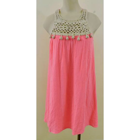 LILLY PULITZER RACHELLE XS Pink Sun Ray Gold Crochet Pom Pom Lined Dress EXC - Picture 1 of 7